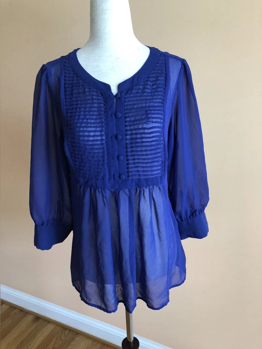 Sheer Pintuck Peasant Blouse - Royal Blue